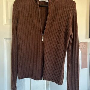 Brown Cardigan with Ribbed Texture 100% Cashmere